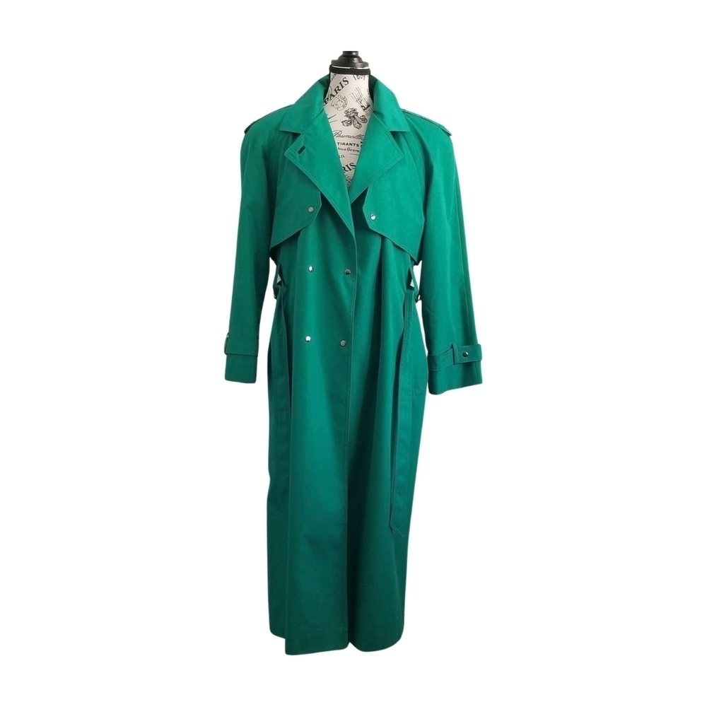 80s Vintage Emerald Spring Green Dopamine Trench Coat Maxi Lenght Size Large - Picture 9 of 13